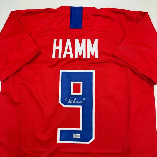 Autographed/Signed Mia Hamm Red Soccer Team USA United States World Cup Jersey Beckett BAS COA