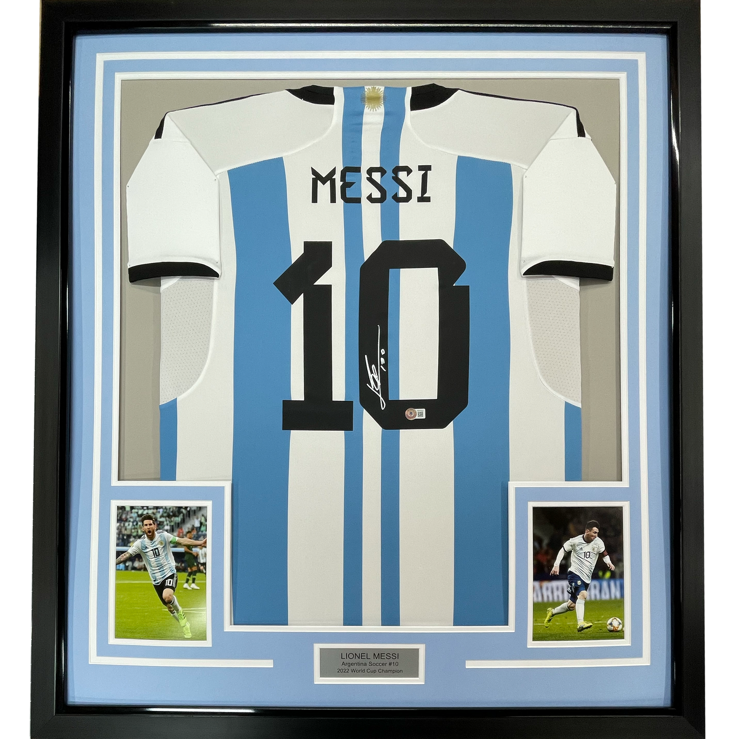 Framed Autographed/Signed Lionel Leo Messi 35x39 Argentina Blue/White Soccer Jersey Beckett BAS COA/LOA