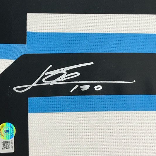 Framed Autographed/Signed Lionel Leo Messi 35x39 Argentina Blue/White Soccer Jersey Beckett BAS COA/LOA