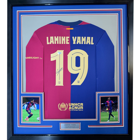Framed Autographed/Signed Lamine Yamal 35x39 FC Barcelona Blue Soccer Jersey Beckett BAS COA